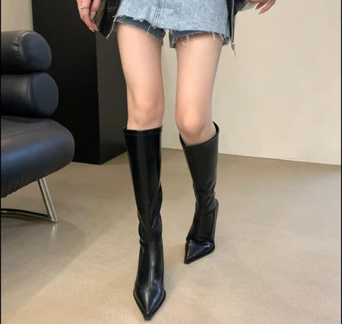 Winter pointed-Toe Leather Stiletto Heel Boots